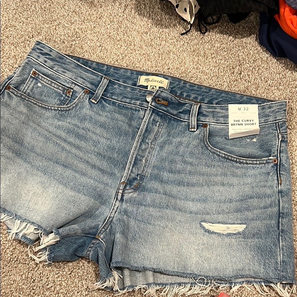 Madewell Blue Jean Shorts with Distressed Raw Hem